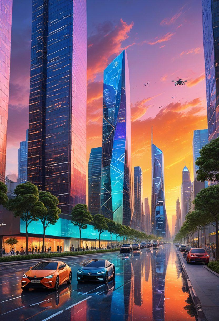 A futuristic landscape showcasing a city skyline with drones, smart cars, and people using augmented reality devices, all intertwined with lush greenery. Include holographic advertisements and a sunset that blends technology with nature, symbolizing harmony between human life and tech. Make the image vibrant and alive to capture the essence of daily life enhanced by emerging technologies. super-realistic. vibrant colors. 3D.