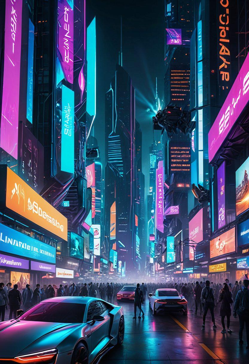 A futuristic city skyline showcasing advanced technology, with flying cars and holographic displays. In the foreground, a group of diverse tech enthusiasts engaged in discussions, surrounded by gadgets and digital trends. Vibrant neon lights illuminate the scene, creating a vibrant atmosphere. Include elements like robots and smart devices to signify innovation. cyberpunk. vibrant colors. 3D.