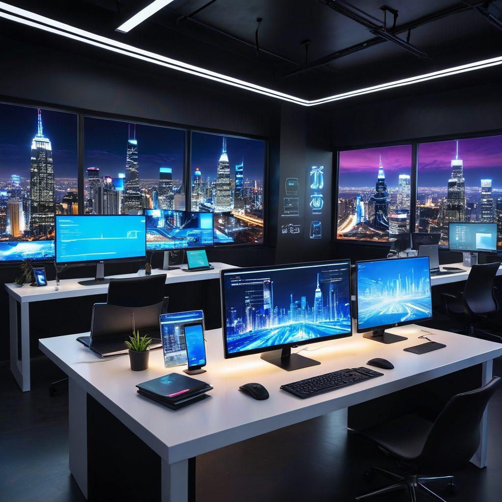 A sleek futuristic workspace featuring a holographic interface displaying various gadgets, such as smartphones, smartwatches, and laptops. The background should show a digital cityscape with vibrant neon lights symbolizing technological advancements. Include visual elements that represent software updates, like code snippets and app icons floating around. The overall atmosphere should convey innovation and progress. super-realistic. vibrant colors.
